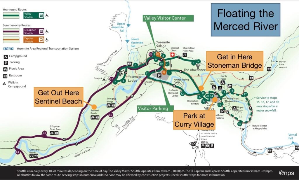 Map showing where to float the Merced River